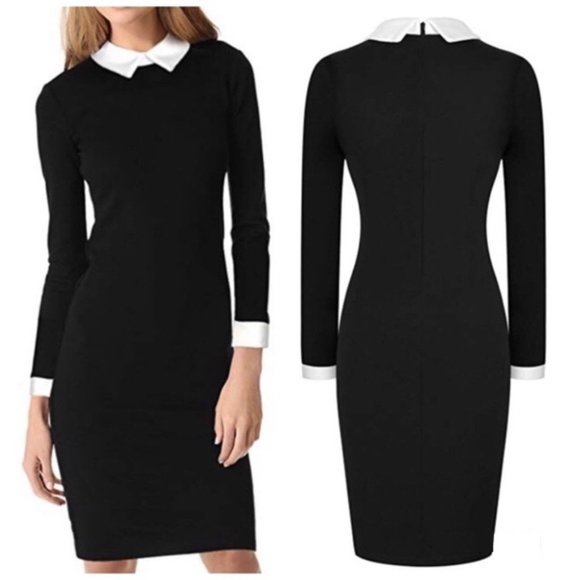 White Collared Black Long Sleeve Pencil Dress Sz Small New - Picture 6 of 7